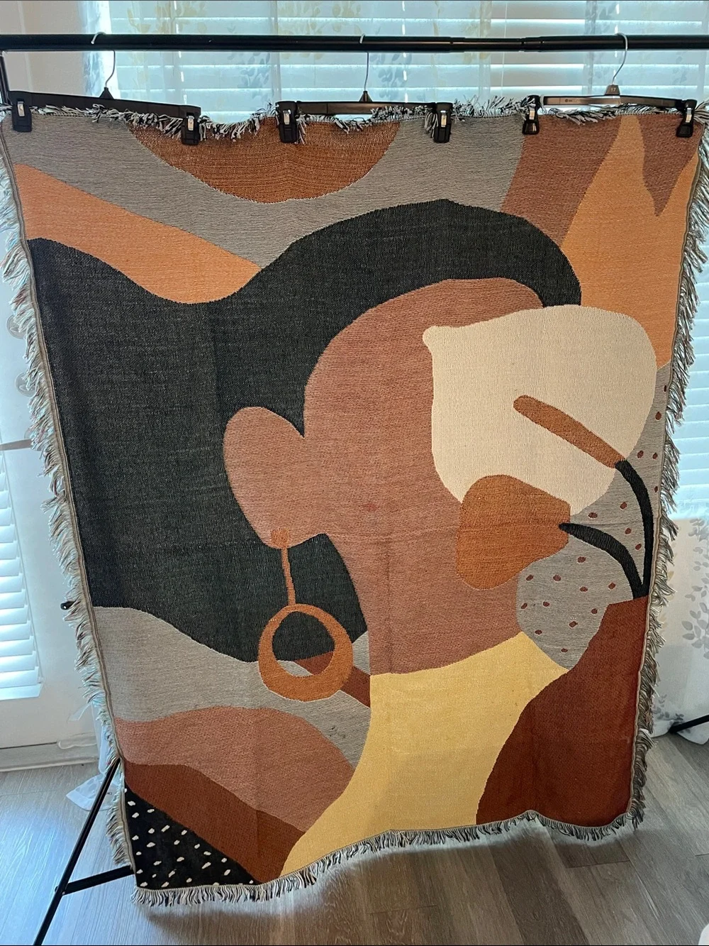 Abstract Female Portrait Woven Wall Hanging in Black, Brown & Cream tapestry